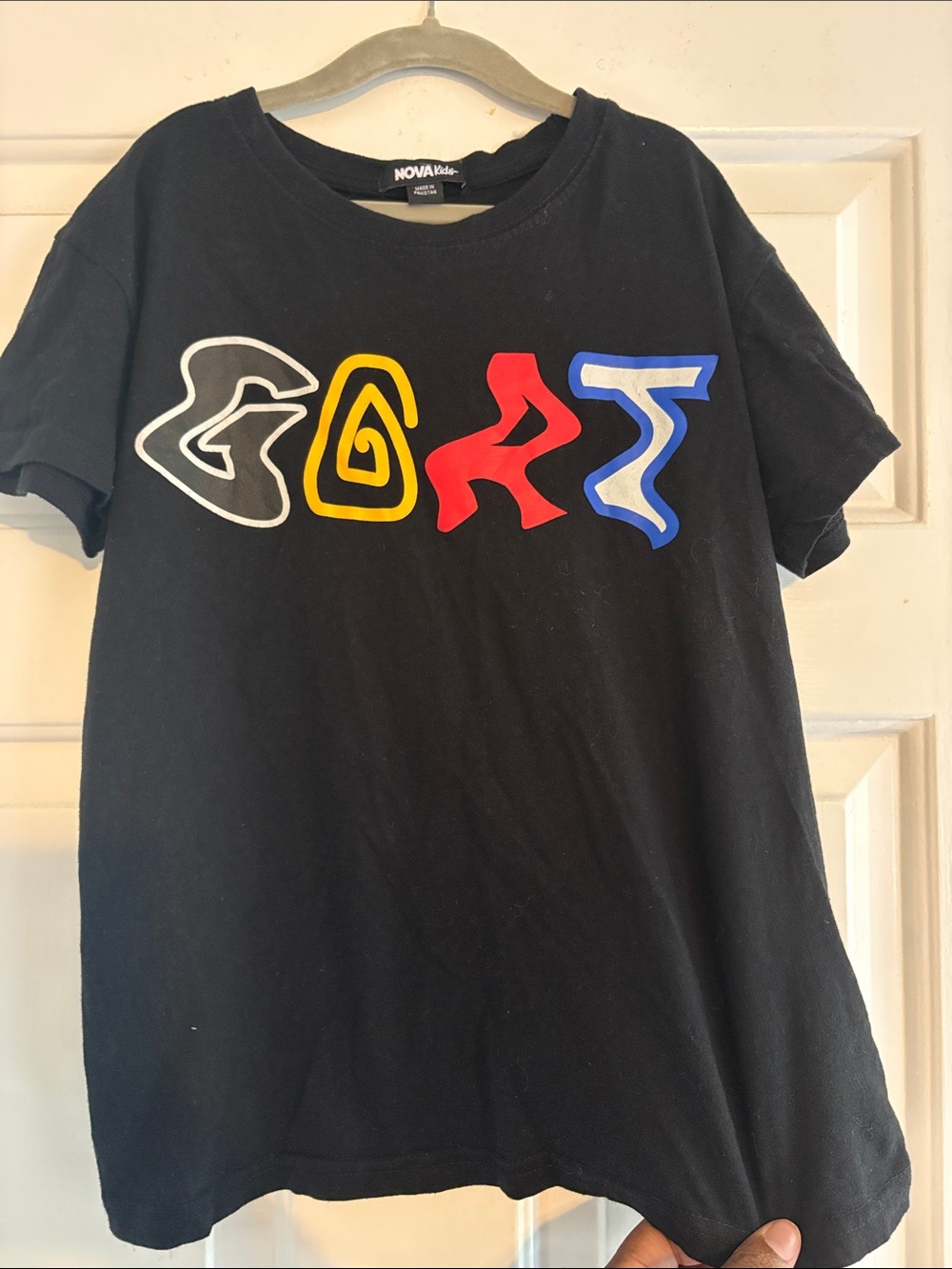 Fashion Nova Kida Black Tee with White, Yellow, Red & Blue Graphic